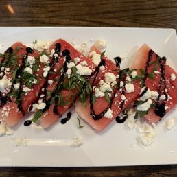 Watermelon feta cheese salad. Feta was old, dry and tasteless. Watermelon feta cheese salad. Feta was old, dry and tasteless.