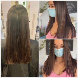 Left photo is after a dry cut (5in off) and the photos on the right are after balayage highlights, wash, and final layering cut. Left photo is after a dry cut (5in off) and the photos on the right are after balayage highlights, wash, and final layering cut.