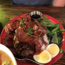 One of their specials with crispy pork belly, bbq pork, and Chinese sausage