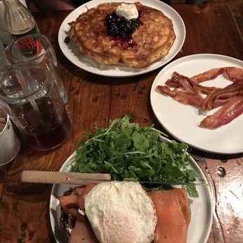 Bonafini - Brunch with Salmon Pastrami on Olive Toast Chocolate Chip and Blueberry Pancakes and Bacon - Breakfast & Brunch Near Me - Brooklyn, New York Bonafini - Brunch with Salmon Pastrami on Olive Toast Chocolate Chip and Blueberry Pancakes and Bacon - Breakfast & Brunch Near Me - Brooklyn, New York