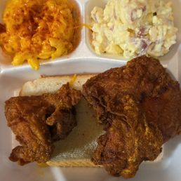 2 piece wing and breast on toast, side of mac and cheese and potato salad 2 piece wing and breast on toast, side of mac and cheese and potato salad