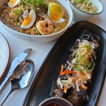 Carabao - Bbq skewers, garlic rice and palabok - Filipino Near Me - Napa, California Carabao - Bbq skewers, garlic rice and palabok - Filipino Near Me - Napa, California