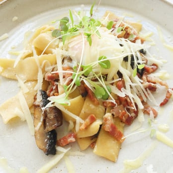 Morning After - Carbonara, pappardelle, egg, field mushrooms, smoked pancetta, pecorino romano. - Coffee & Tea Near Me - Brisbane, QLD Morning After - Carbonara, pappardelle, egg, field mushrooms, smoked pancetta, pecorino romano. - Coffee & Tea Near Me - Brisbane, QLD