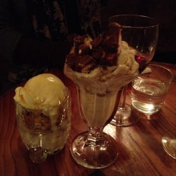 The Apiary - Banana, honey and custard mess (left) and rocky road with shortbread over peanut butter and jam ice cream (right) - wow - British Near Me - Edinburgh, EDH The Apiary - Banana, honey and custard mess (left) and rocky road with shortbread over peanut butter and jam ice cream (right) - wow - British Near Me - Edinburgh, EDH