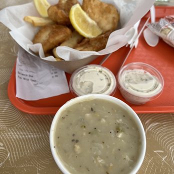 Barbara's Fishtrap - FISH & CHIPS ($16.59) + CLAM CHOWDER Cup - ($5.15) - Seafood Near Me - Half Moon Bay, California