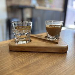Commissary Barber & Barista - Cortado and sparkling water