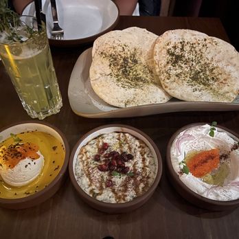 Anixi - Choice of 3 Dip Mezze: Whipped "Ricotta" (GF),  Fire Roasted Eggplant Mezze (GF), Taramasalata (GF) Housemade Breads - Zaatar Bread - Vegan Near Me - New York, New York