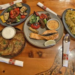 Barrel House Korchma - Grilled Vegetables, Salmon, Sauerkraut, Potato Pancakes