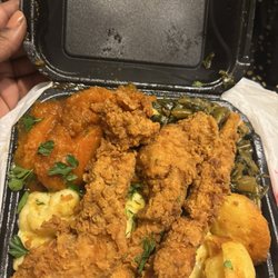 Yams, Mac & cheese, collard greens, fried chicken, muffin