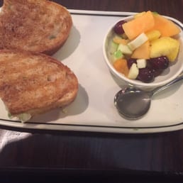 Anaheim panini with egg whites and chicken apple sausage with a side of fruit.