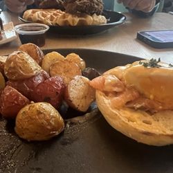 The Gallery - Extra cooked chicken and medium poached egg for the Benedict.