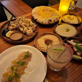 Kassi Beach - Hamachi Crudo, Calamari, and Puccia Bread Mezze Platter (loved all the dips!) - Italian Near Me - Las Vegas, Nevada