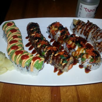 Zoku Sushi - Roll from the left: Caribbean, Caramel Crunch, Sexy Dynamite,  Sweet Potato - Japanese Near Me - Chicago, Illinois