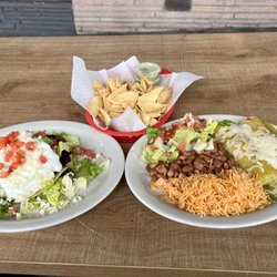 The Green Enchilada - Tostada, Large Chips and salsa, and green Enchilada Plate