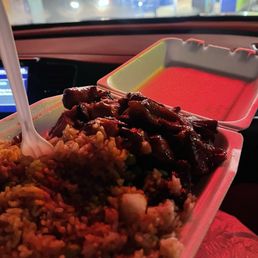 Fried rice, barbecue pork and honey chicken Fried rice, barbecue pork and honey chicken
