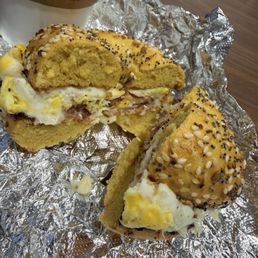 Inside of low carb everything Low Carb Bagel with bacon egg and cheese