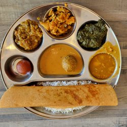 Dosa n Curry - Vegetarian Thali with Masala Dosa (rice crepe with potato filling).