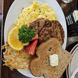 2 Eggs any Style (scrambled), Hash Brown, Toast, 2 Sausage Patties