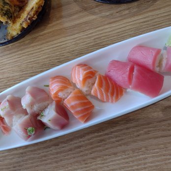 Oishii Sushi - Nigiri. Yellowtail on the left. Salmon in the middle. Tuna in the right - Sushi Bars Near Me - Louisville, Kentucky