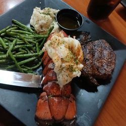 RoughStocks Grill - Filet, lobster tail, sauteed green beans and mashed potatoes