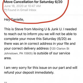 Junk U - Greater Philadelphia - Cancelling a full home move 2 days before with no phone call, just this email. - Movers Near Me - Malvern, Pennsylvania