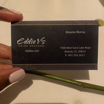 Eddie V's Prime Seafood - My AMAZING SERVER Makeba Murray, make sure you request her! She made my great experience memorable! - Seafood Near Me - Orlando, Florida Eddie V's Prime Seafood - My AMAZING SERVER Makeba Murray, make sure you request her! She made my great experience memorable! - Seafood Near Me - Orlando, Florida