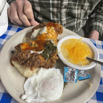 H&H Soul Food Restaurant - Chicken on biscuit with a poached egg. - American Near Me - Macon, Georgia H&H Soul Food Restaurant - Chicken on biscuit with a poached egg. - American Near Me - Macon, Georgia