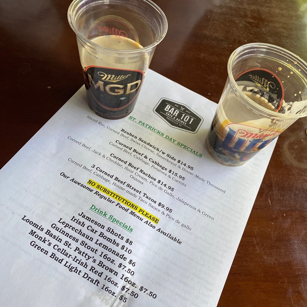 Bar 101 Eats & Drinks - Irish Car Bombs on St. Patrick's Daryl Special - Sports Bars Near Me - Roseville, California Bar 101 Eats & Drinks - Irish Car Bombs on St. Patrick's Daryl Special - Sports Bars Near Me - Roseville, California