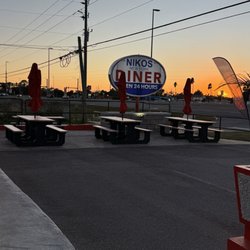 Outdoor seating at Nikos