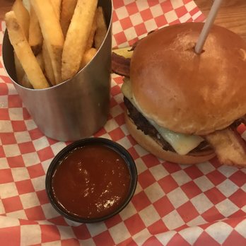 Brown Dog Cafe - Brown Dog Burger with ghost pepper jack cheese and bacon, and a side of fries. - Cocktail Bars Near Me - Blue Ash, Ohio Brown Dog Cafe - Brown Dog Burger with ghost pepper jack cheese and bacon, and a side of fries. - Cocktail Bars Near Me - Blue Ash, Ohio