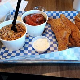 3 piece Catfish plate with black eyed peas & yams. 3 piece Catfish plate with black eyed peas & yams.