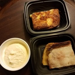 butter cake on top, peach cobbler a la mode on bottom butter cake on top, peach cobbler a la mode on bottom