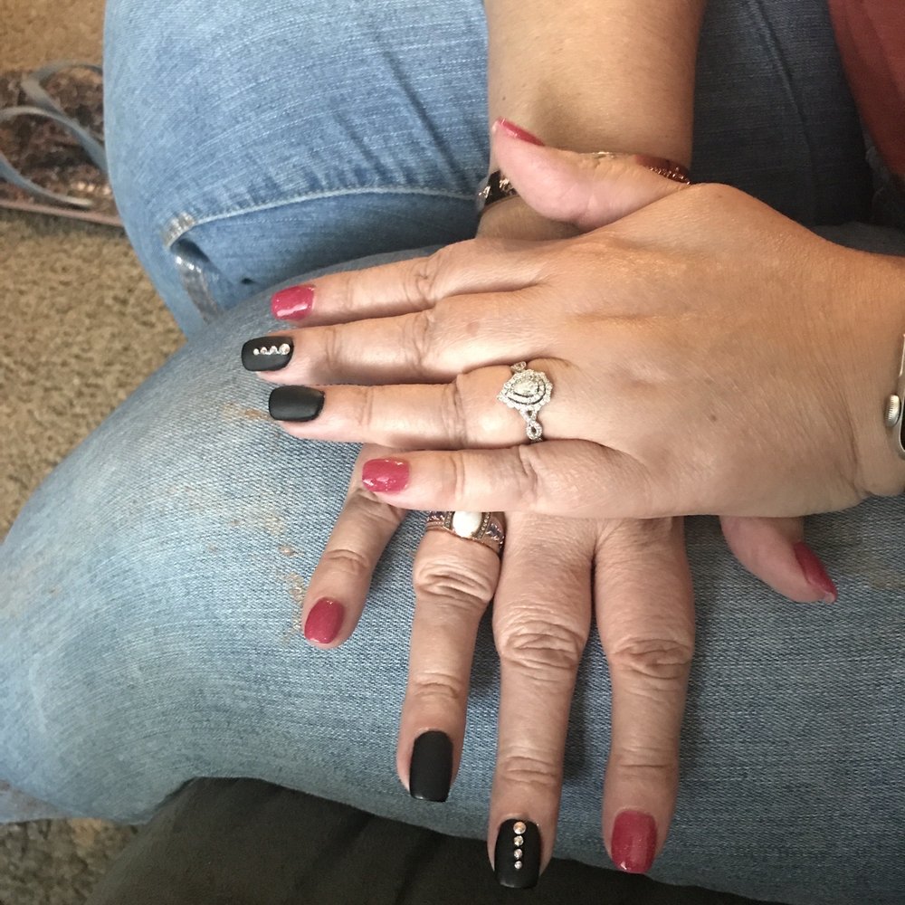 My SNS nails, matte black with pink & 4 diamonds .