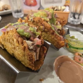 Chocobar Cortés - 4*/5* | Mofongo taco shells with pork + guac and spicy chocolate sauce. Delicious, pork was just a bit dry. - Breakfast & Brunch Near Me - San Juan, Puerto Rico