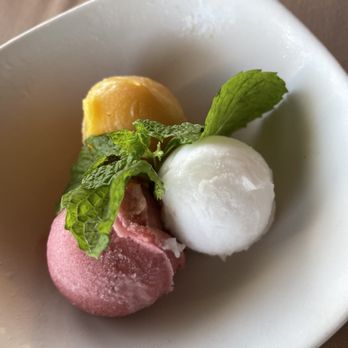 Queensview Steakhouse - Trio sorbet; raspberry, mango and coconut - Steakhouses Near Me - Long Beach, California