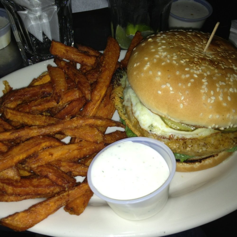 Elixir Bar & Grill - Garden burger w/ fried egg, blu cheese & a side of sweet potato fries! - Burgers Near Me - Sacramento, California