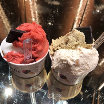 Venchi - Raspberry and lemon gelato (left) pistachio and hazelnut gelato (right) - Chocolatiers & Shops Near Me - New York, New York