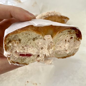 Proper Bagel - Plain with strawberry shortbread cream cheese - Bagels Near Me - Nashville, Tennessee