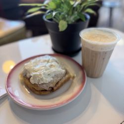 Cinnamon roll and Mister Big Cheesecake Latte