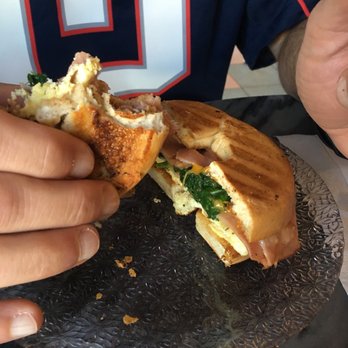 Caffe Bon Ami - Wheat bagel with egg, ham, spinach and cheddar cheese. - Bakeries Near Me - Cranston, Rhode Island Caffe Bon Ami - Wheat bagel with egg, ham, spinach and cheddar cheese. - Bakeries Near Me - Cranston, Rhode Island