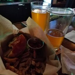 Burger w/ house cut fries, 2 Blue Island Beer Co. "Dank Punk"s in the background.