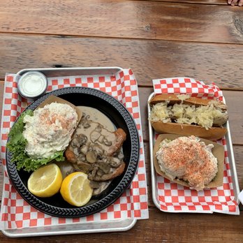 Lagoon Biergarten - Schnitzel, potato salad and a whole lemon with dill dip and mushroom Gravy- delicious. Brat with sauerkraut and cold potato salad. Yummy. - German Near Me - Farmington, Utah Lagoon Biergarten - Schnitzel, potato salad and a whole lemon with dill dip and mushroom Gravy- delicious. Brat with sauerkraut and cold potato salad. Yummy. - German Near Me - Farmington, Utah