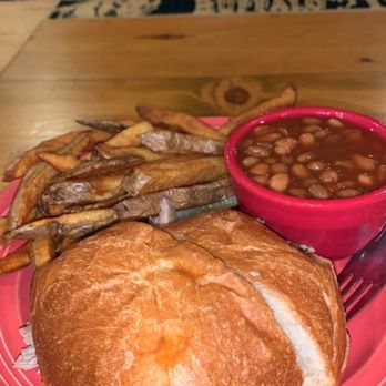 Kirby Cosmo's BBQ Bar - Pulled pork BBQ Sandwich with fries and beans - Barbeque Near Me - Minturn, Colorado