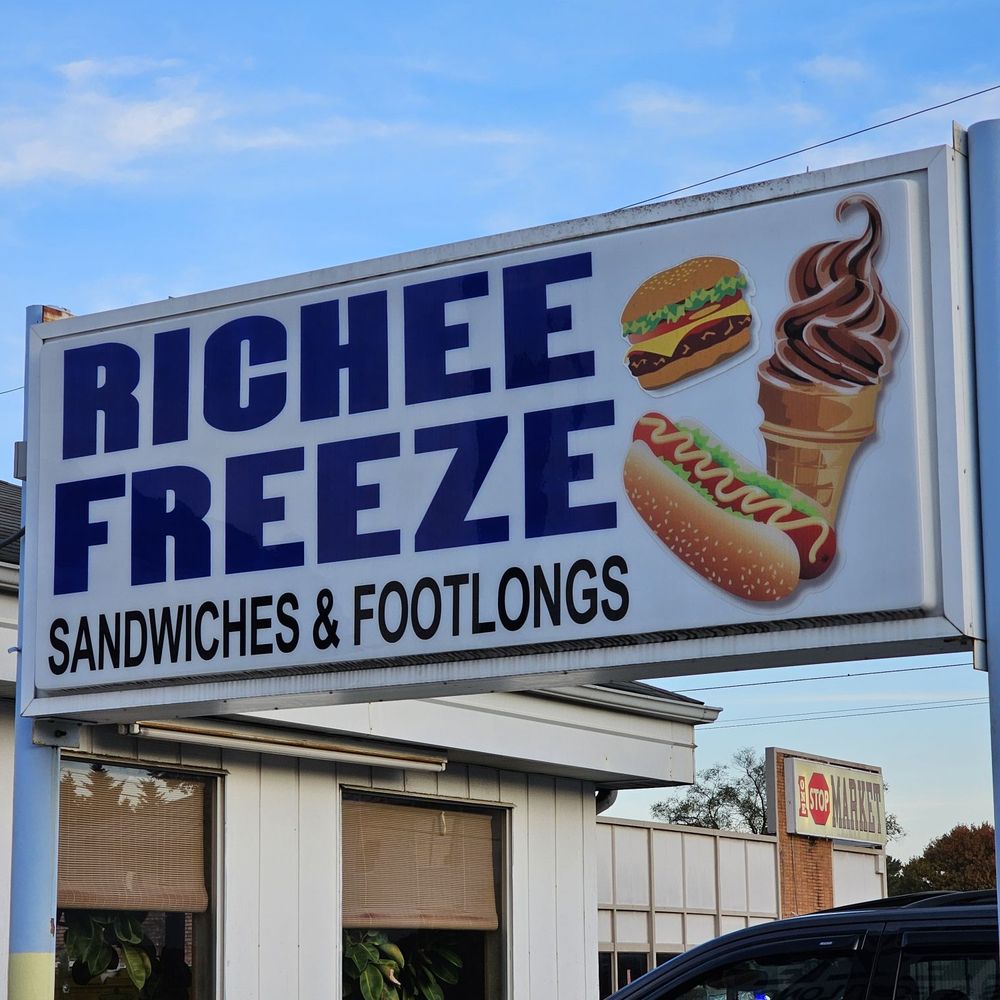 Richee Freeze - The restaurant's sign on its parking lot in front of the building. - Burgers Near Me - Roanoke, Virginia Richee Freeze - The restaurant's sign on its parking lot in front of the building. - Burgers Near Me - Roanoke, Virginia