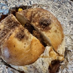 Bacon egg and cheese on a Cinnamon crunch bagel Bacon egg and cheese on a Cinnamon crunch bagel