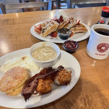 Maple Street Biscuit - Alamo Ranch - The Retro Plate, side of sausage gravy, and Chocolate Chip Waffle - Breakfast & Brunch Near Me - San Antonio, Texas Maple Street Biscuit - Alamo Ranch - The Retro Plate, side of sausage gravy, and Chocolate Chip Waffle - Breakfast & Brunch Near Me - San Antonio, Texas