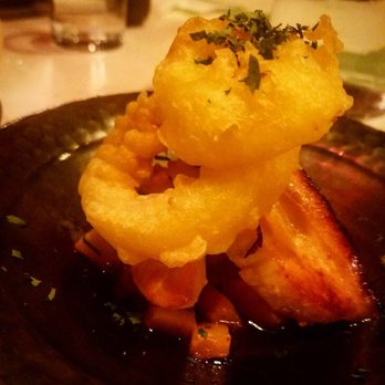 Lucky Robot Restaurant - Mesquite smoked albacore on a butternut squash hash topped with tempura onion rings. - Sushi Bars Near Me - Austin, Texas Lucky Robot Restaurant - Mesquite smoked albacore on a butternut squash hash topped with tempura onion rings. - Sushi Bars Near Me - Austin, Texas