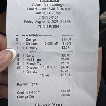 Adore Nail Lounge - Reciept - Nail Salons Near Me - Austin, Texas Adore Nail Lounge - Reciept - Nail Salons Near Me - Austin, Texas