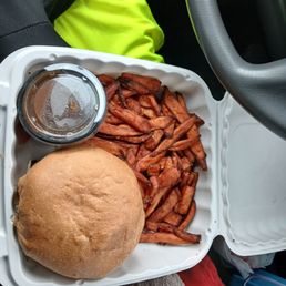 Bison burger sweet potato fries Brown applesauce I think it's like an apple butter applesauce is great