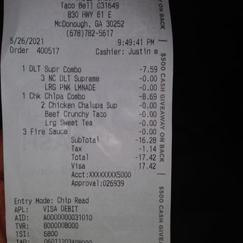 Taco Bell - Receipt - Tacos Near Me - Mcdonough, Georgia
